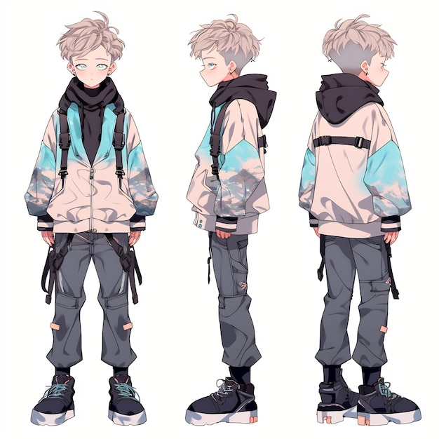 Hoja de arte conceptual de cambio de personaje de chico anime de moda que muestra el diseño elegante de un adolescente guapo
