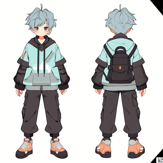 Hoja de arte conceptual de cambio de personaje de chico anime de moda que muestra el diseño elegante de un adolescente guapo