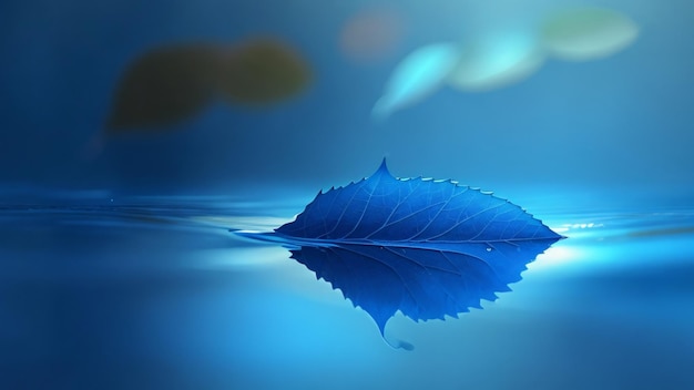 hoja azul flotando en el agua reflejo fondo azul