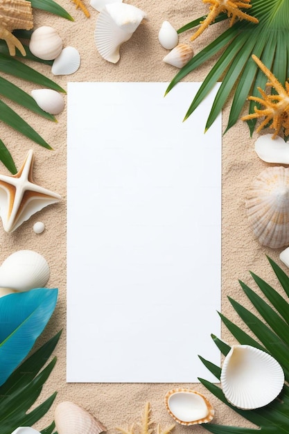 una hoja blanca de papel rodeada de conchas y hojas de palma