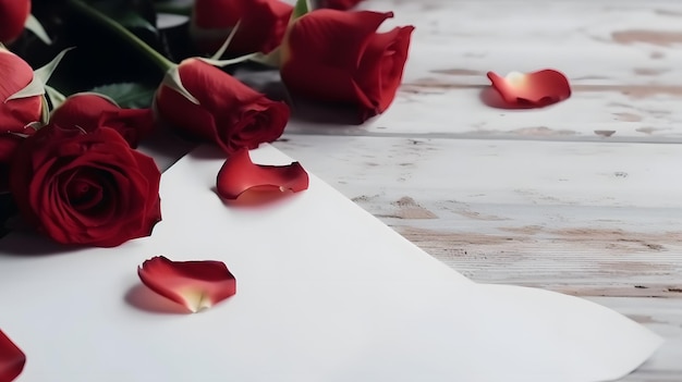 Una hoja blanca de papel con rosas rojas