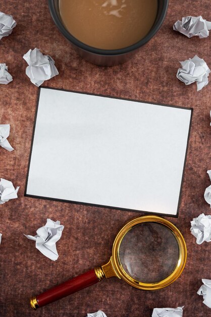 Foto hoja en blanco con lupa taza de café rodeada de papeles arrugados sobre fondo de madera presenta análisis de planes y estrategias para negocios