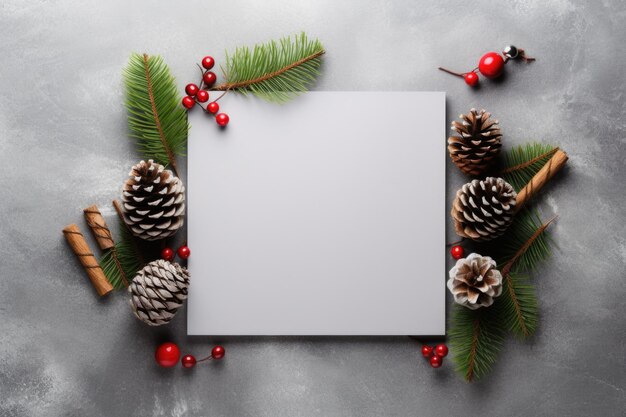 Una hoja en blanco de papel rodeada de decoraciones navideñas festivas