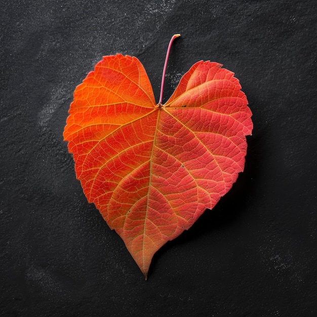 Foto hoja caída brillante y vibrante en forma de corazón en fondo oscuro vista superior foto de cerca