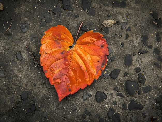 Foto hoja caída brillante y vibrante en forma de corazón en la superficie sucia vista superior foto de cerca