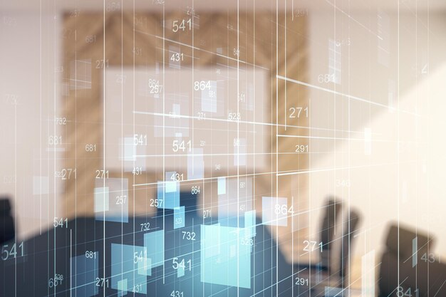 Hoja de cálculo de datos de análisis virtual abstracto en un moderno concepto de análisis y análisis de fondo de sala de coworking Multiexposición