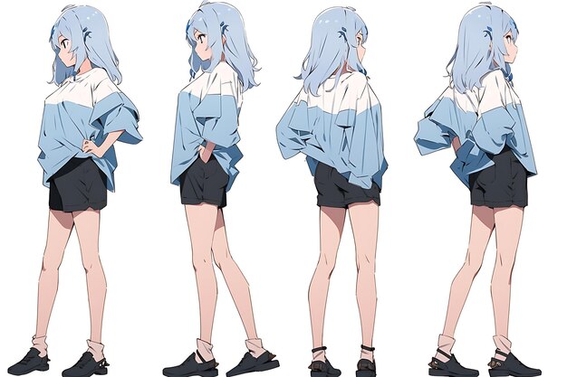 Hoja de cambio de arte conceptual de personajes de anime 2D que muestra diferentes estilos Moda y ropa