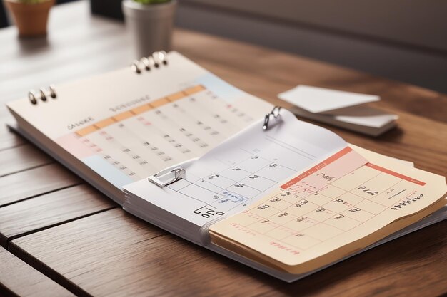 Foto hoja de cambio de página de calendario sobre fondo de mesa de madera concepto de reunión de cita de planificación de horario de negocios