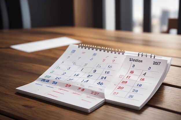 Foto hoja de cambio de página de calendario sobre fondo de mesa de madera concepto de reunión de cita de planificación de horario de negocios