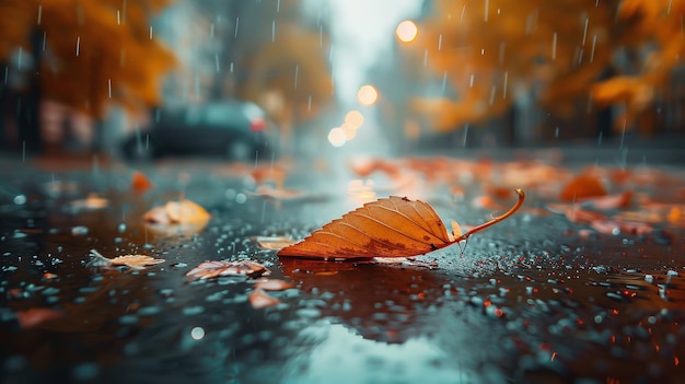 una hoja en un camino mojado con gotas de lluvia