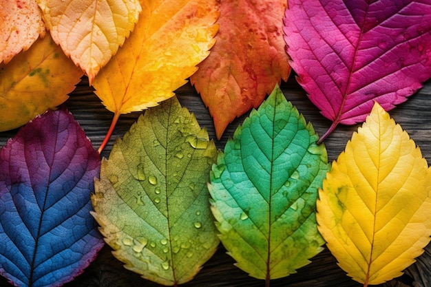 Una hoja de color arcoíris se muestra en una mesa de madera.