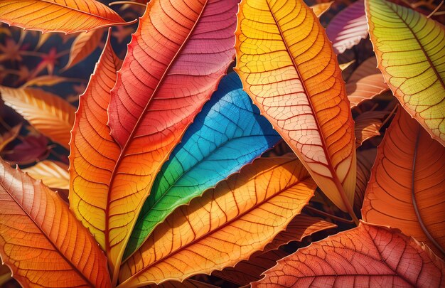 Una hoja con los colores del arco iris se muestra en una vista de cerca de las hojas.