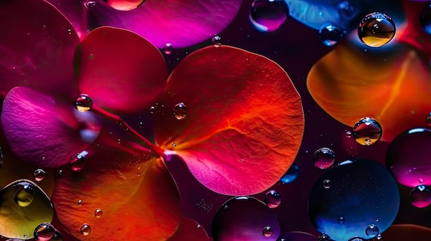 Una hoja colorida con gotas de agua