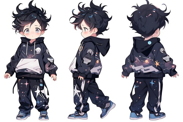 Hoja de concepto de cambio de personaje de niño de un lindo anime Kawaii Chibi con ropa elegante y de moda