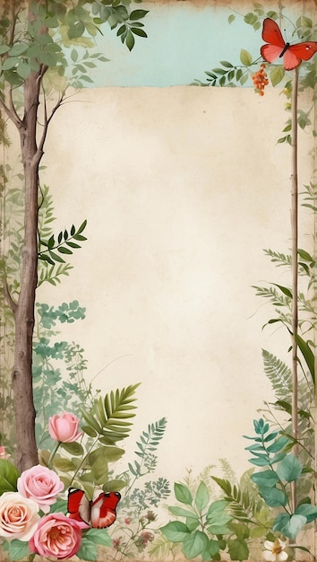 Hoja de cuaderno desechada con vintage retro bosque de cuentos de hadas y ilustración de paisaje