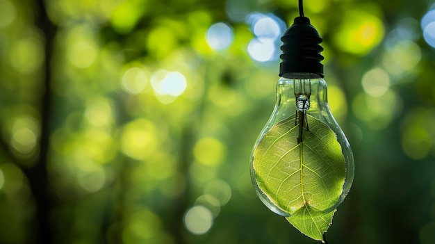 Foto hoja dentro de un bulbo con fondo de bosque verde generativo ai