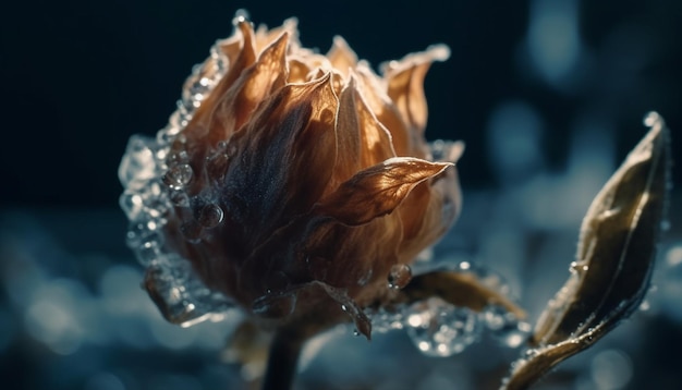 Hoja escarchada brilla en agua cristalina generada por IA