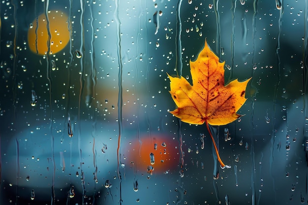 Una hoja está en el umbral de la ventana con gotas de lluvia en ella