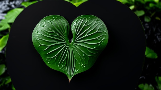 una hoja en forma de corazón con gotas de agua en ella