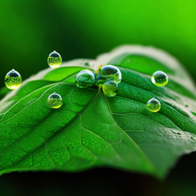 La hoja de foto fresca refleja el verde vibrante en el rocío matutino generado por ai