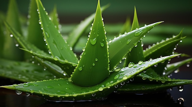 hoja fresca de aloe vera con gota de agua en fondo oscuro con espacio para copiar