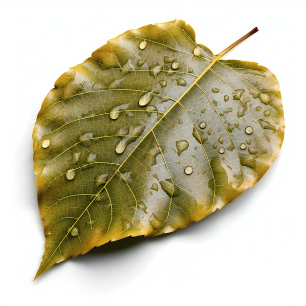 Foto hoja con gotas de agua aislado sobre fondo blanco.