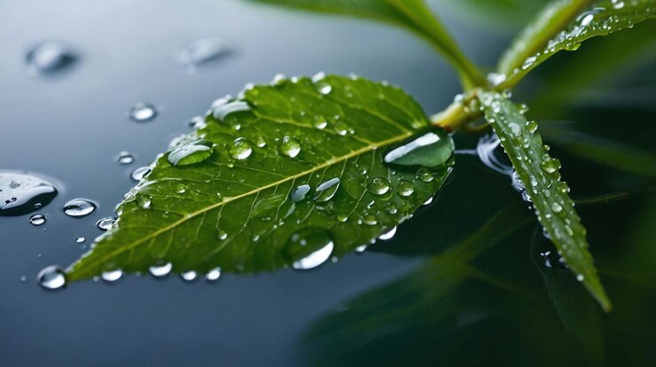 una hoja con gotas de agua en ella y gotas de aguas en ella