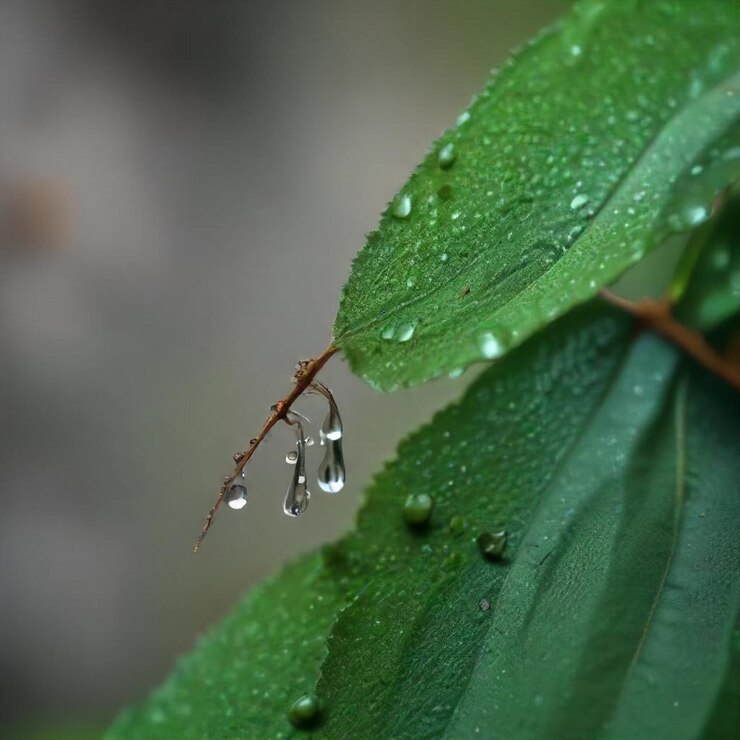 una hoja con gotas de agua en ella y una pequeña hormiga en ella
