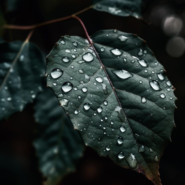 Una hoja con gotas de agua está cubierta de gotas de lluvia.