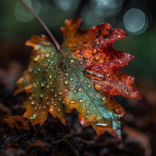 Una hoja con gotas de agua está cubierta de gotas de lluvia.