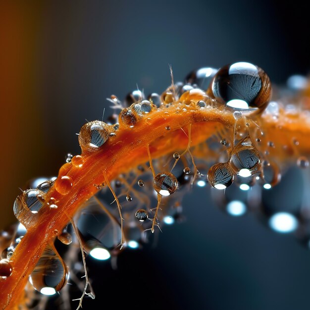 Una hoja con gotas de agua y un fondo azul.