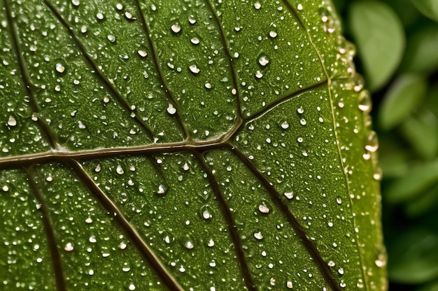 Una hoja con gotas de agua y las hojas están mojadas.