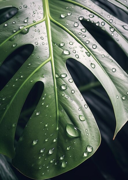 una hoja con gotas de agua y un pequeño agujero en el centro.