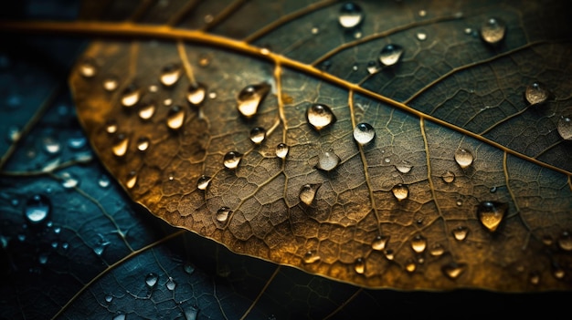 Una hoja con gotas de agua sobre ella