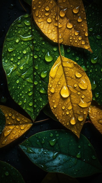 Una hoja con gotas de agua sobre ella