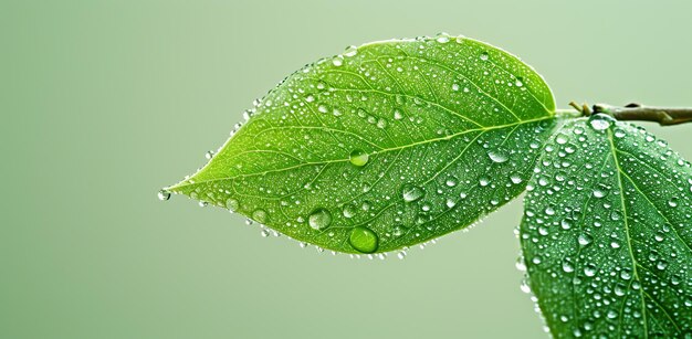 Hoja con gotas de rocío sobre un fondo verde El concepto de frescura y naturaleza