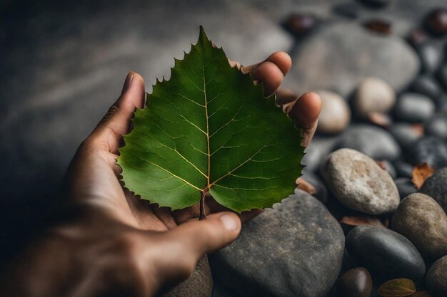 una hoja con una hoja verde en la palma de la mano de alguien