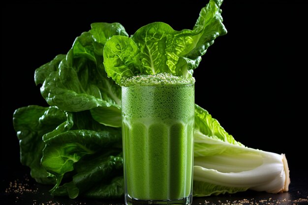 Hoja de lechuga en el smoothie de la cena familiar