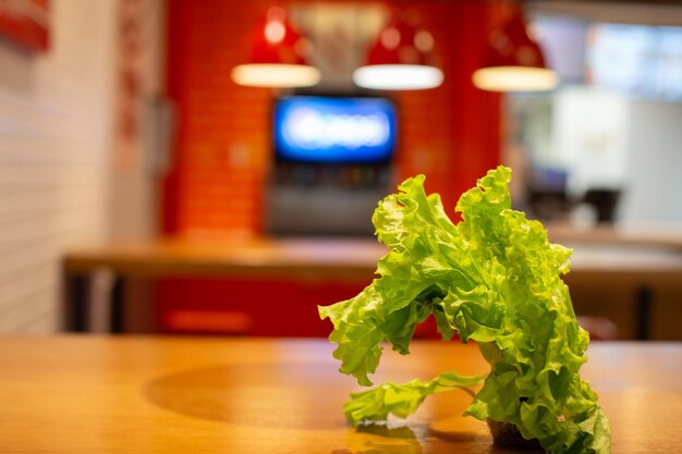 Hoja de lechuga verde en el fondo borroso de la cocina Alimentación saludable y vegetarianismo