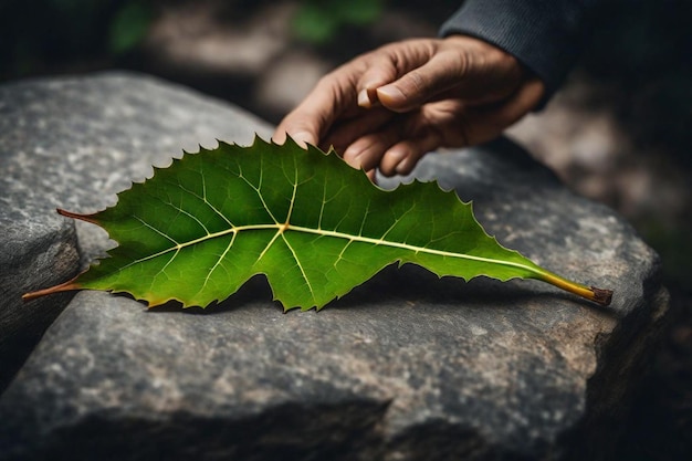 Foto una hoja con una línea amarilla en ella está puesta en una roca