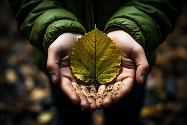 Una hoja en la mano de un niño