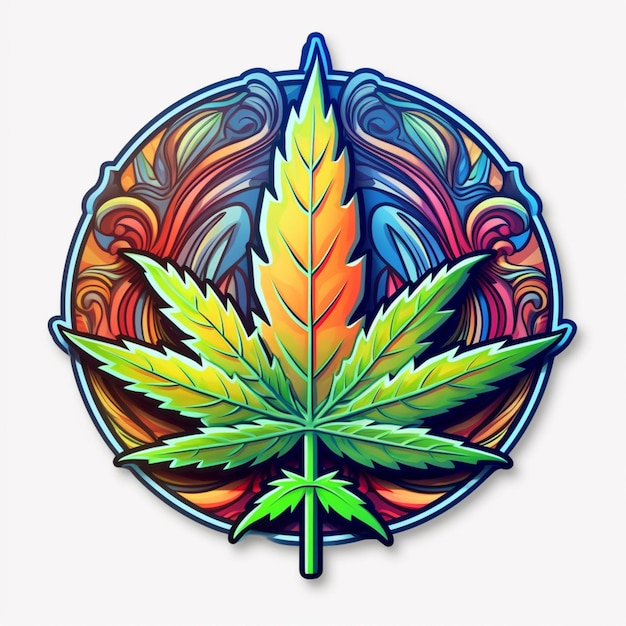 Una hoja de marihuana de colores brillantes en un diseño circular sobre un ai generativo de fondo blanco