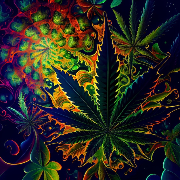 Hoja de marihuana sobre fondo abstracto marihuana psicodélica cannabis