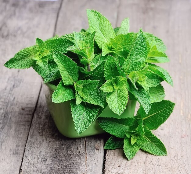 Hoja de menta de cerca sobre una mesa de madera