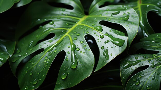 Hoja de monstera fresca con gotas de agua.