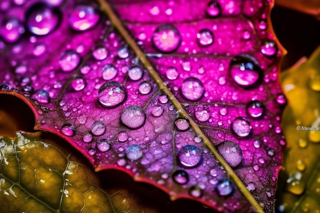 Una hoja morada con gotas de agua.