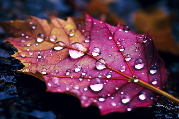 Una hoja morada con gotas de agua