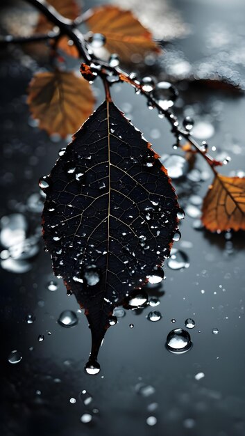 hoja negra con fondo de gota de lluvia