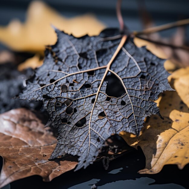 Foto una hoja negra y marrón en el suelo