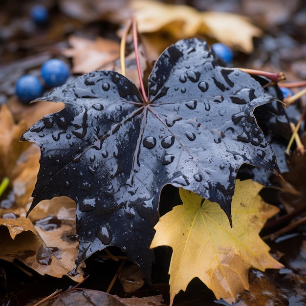 una hoja negra en el suelo con arándanos en ella